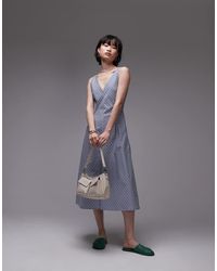 Mango - Vestido Midi A Rayas Azules Con Cuello De Pico De Algodón De - Lyst