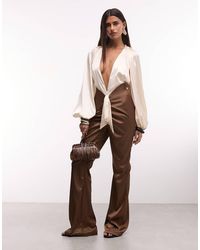The Dolls House - Anthia Premium Satin Plunge Neck Balloon Sleeve Flared Jumpsuit - Lyst