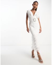ASOS - Square Plunge Faux Feather Hem Midi Dress With Diamante Belt - Lyst