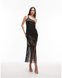 TOPSHOP - Premium One Shoulder Satin Midi Dress With Broderie And Fringe Detail - Lyst