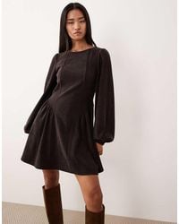 ASOS - Vestido Corto Marrón De Manga Larga De Estilo Blusón Con Detalle En La Cintura De Pana De - Lyst