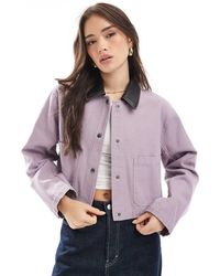 ASOS - Chaqueta Corta Lila Grisáceo Lavado Con Cuello De Tejido Efecto Cuero Barn De -Morado - Lyst