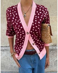 Never Fully Dressed - Cárdigan De Punto Con Ribete En Contraste Y Estampado De Ciervos En Burdeos Y Rosa - Lyst