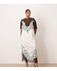 ARRANGE - Curve Satin Lace Applique Embroidered Column Midi Dress - Lyst