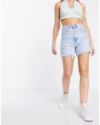 Stradivarius - Denim Dad Short Met Scheuren - Lyst