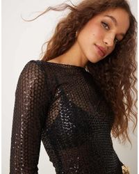 Gina Tricot - Doorschijnende Top Met Lange Mouwen, Lovertjes En Boothals - Lyst