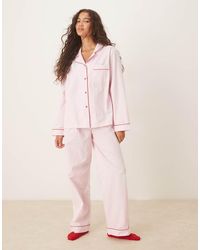 ASOS - Geweven Pyjamaset Met Overhemd En Broek Met Wijde Pijpen En Contrasterende Biezen - Lyst
