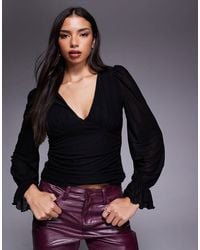 ASOS - Semi Sheer Long Sleeve V-neck Top - Lyst