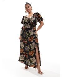 ASOS - Asos design curve - robe mi-longue à manches bouffantes et imprimé fleurs vintage avec liens noués devant - noir - Lyst