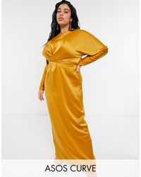 asos design maxi dress with batwing sleeve and wrap waist in satin