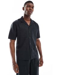 New Look - Camicia Squadrata Con Tasche Doppie Nera Effetto Lino - Lyst