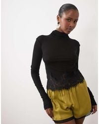 Noughts & Kisses - Tala Wool Feel Sheer Mesh High Neck Lace Eyelash Trim Top - Lyst