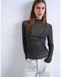 TOPSHOP - High Neck Ruched Polka Dot Print Long Sleeve Top - Lyst