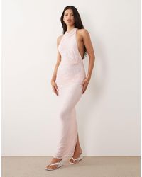 ASOS Sheer Embroidered Floral Lace Open Back Maxi Dress in Green | Lyst