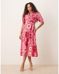 Hope & Ivy - Vestito Camicia Midi Con Stampa Ispirata Al Mare E Maniche A Sbuffo - Lyst