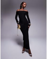 Kaiia - Exclusive Double Layered Slinky Bardot Tie Side Drape Detail Maxi Dress - Lyst