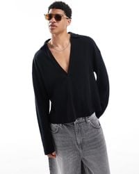 ASOS - Oversized Boxy Long Sleeve Textured Deep V Neck Polo Shirt - Lyst