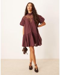 ASOS - Lace Detail Puff Sleeve Mini Dress - Lyst