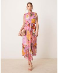 Hope & Ivy - High Neck Ruffle Midi Dress With Tie Waist - Lyst