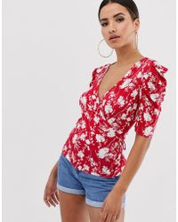 ASOS Top cache-cœur à manches bouffantes et base florale - Rouge
