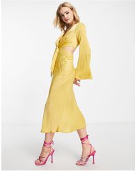 ASOS Tie Front Satin Midi Dress With Flared Sleeve And Cut Out Side - Yellow