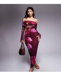 Kaiia - Exclusive Double Layered Slinky Mesh Bardot Sheer Angel Sleeve Panel Detail Maxi Dress - Lyst