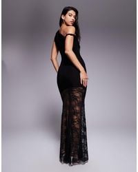 Kaiia - Exclusive Double Layered Slinky Twist Off Shoulder Asymmetric Sheer Lace Skirt Maxi Dress - Lyst