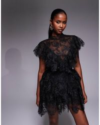Bardot - Tarryn High Neck Lace Ruffle Detail Scalloped Hem Mini Dress - Lyst