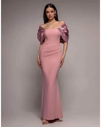 Goddiva - Off Shoulder Back Satin Bow Maxi Dress - Lyst