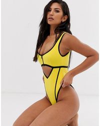 ASOS Badpak Met Rits Aan De Voorkant En Contrasterende Biezen - Geel