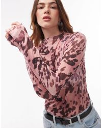 TOPSHOP - Leopard Crinkle Long Sleeve Top - Lyst