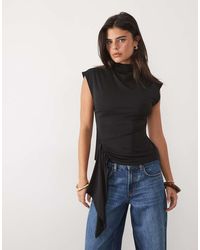 Nobody's Child - Jersey High Neck Cap Sleeve Tie Detail Top - Lyst