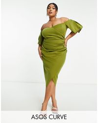 ASOS - Asos design curve - robe mi-longue à épaules dénudées style bardot et décolleté en cœur - olive - Lyst