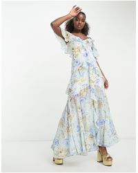 Forever New - Vestido largo azul con estampado floral y escote bardot - Lyst