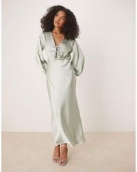 Gina Tricot - Satin Long Sleeve Midi V Neck Tie Front Ruched Detail - Lyst