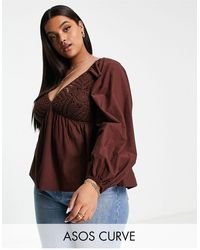 ASOS - Curve V Neck Crochet Top With Frill Sleeve And Peplum Hem - Lyst