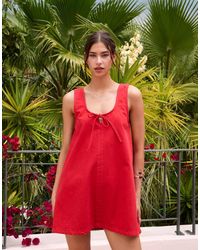 ASOS - Vestido Vaquero Corto Con Cuello Ancho Y Lazo Delantero De -Rosa - Lyst