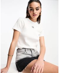 Calvin Klein - T-shirt a maniche corte bianca a coste con logo - Lyst