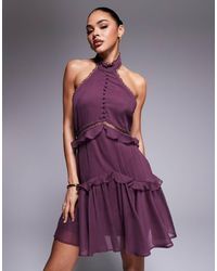 ASOS - Vestido Corto Morado Escalonado Con Cuello Halter E Insertos De Encaje De -Marrón - Lyst