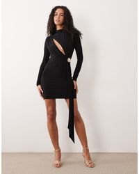 ASOS - High Neck Mini Dress With Cut Out Gold Trim Detail And Long Sash - Lyst