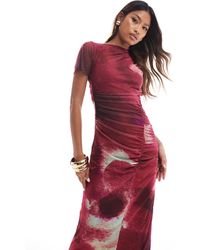 ASOS - Robe drapée mi-longue en tulle imprimé tacheté avec manches courtes et fronces - Lyst
