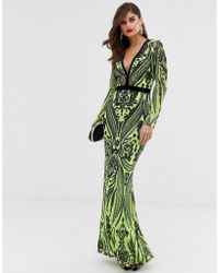 goddiva sequin embellished plunge maxi dress in black and gold