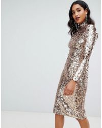 TFNC London High Neck Sequin Midi Dress In Gold - Metallic