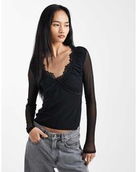 ASOS - Mesh Lace Trim Plunge Long Sleeve Top - Lyst
