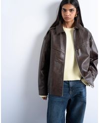 TOPSHOP - Faux Leather Vintage Wash Seam Detail Zip Thru Bomber Jacket - Lyst