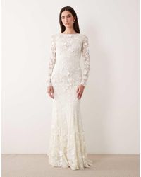 ASOS - Floral Applique Embroidered Lace Long Sleeve Open Back Maxi Wedding Dress - Lyst