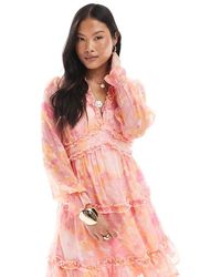 Vero Moda - Vestido Corto Rosa Amplio Con Volantes Y Estampado Floral Difuminado Smilla De - Lyst