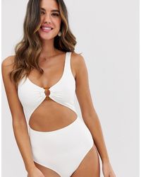 Monki Geribbeld Badpak Met Uitsnijding - Wit