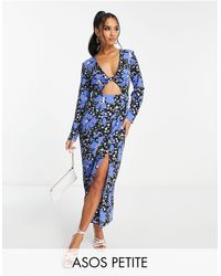 ASOS - Asos design petite - robe rétro mi-longue à imprimé fleuri avec découpe et détail torsadé - bleu - Lyst