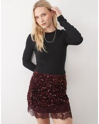 Vila - High Waist Sequin & Velour Mini Skirt With Lace Trim - Lyst